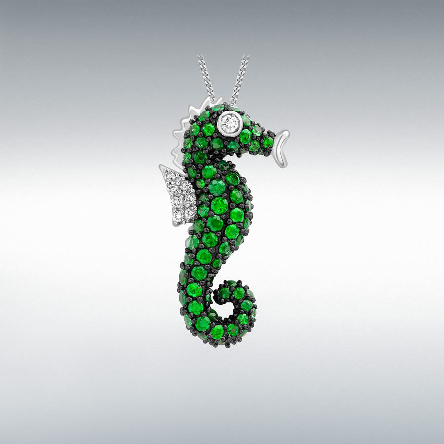 9ct White Gold 0.08ct Diamond and Tsavorite 13mm x 25mm Seahorse Pendant