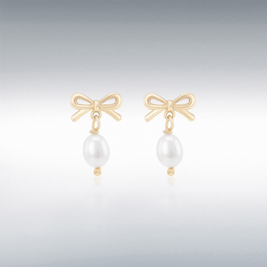 9ct Yellow Gold Bow and 4mm x 5mm Freshwater Pearl Drop Earring