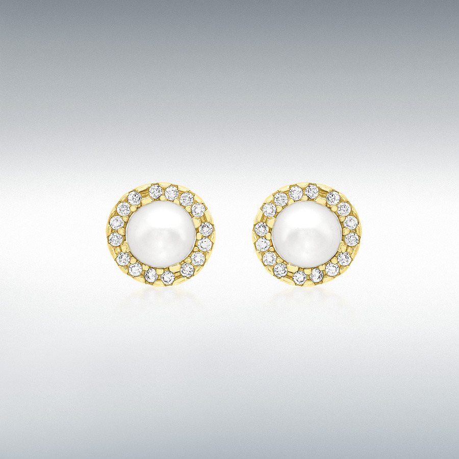 9ct Yellow Gold CZ and 5mm Freshwater Pearl 8mm Stud Earrings
