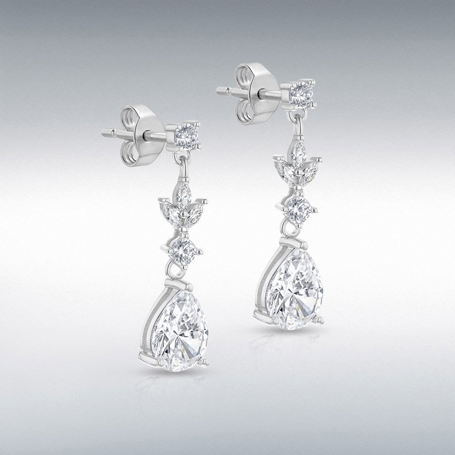 Sterling Silver Rhodium Plated White Marquise CZ and Teardrop CZ Drop Earring