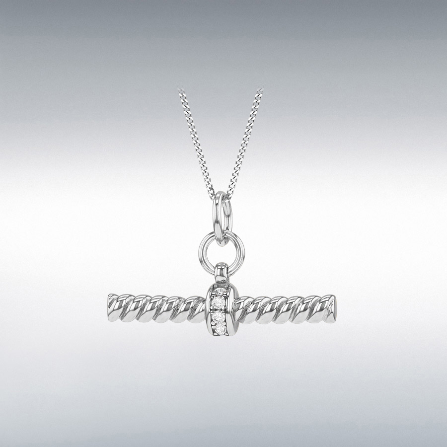 Sterling Silver Rhodium Plated 1.4mm CZ 25mm x 2.8mm Twisted T-Bar Pendant