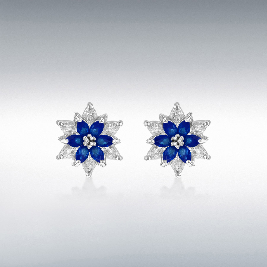 Sterling silver Rhodium Plated  White CZ and Blue Spinel 12mm Flower Stud Earring