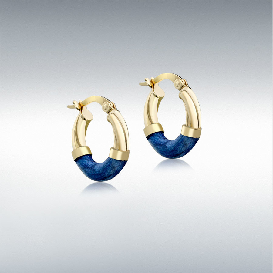 9ct Gold 16.5mm Blue Enamel Slightly-Twisted-Tube Hoop Creole Earrings