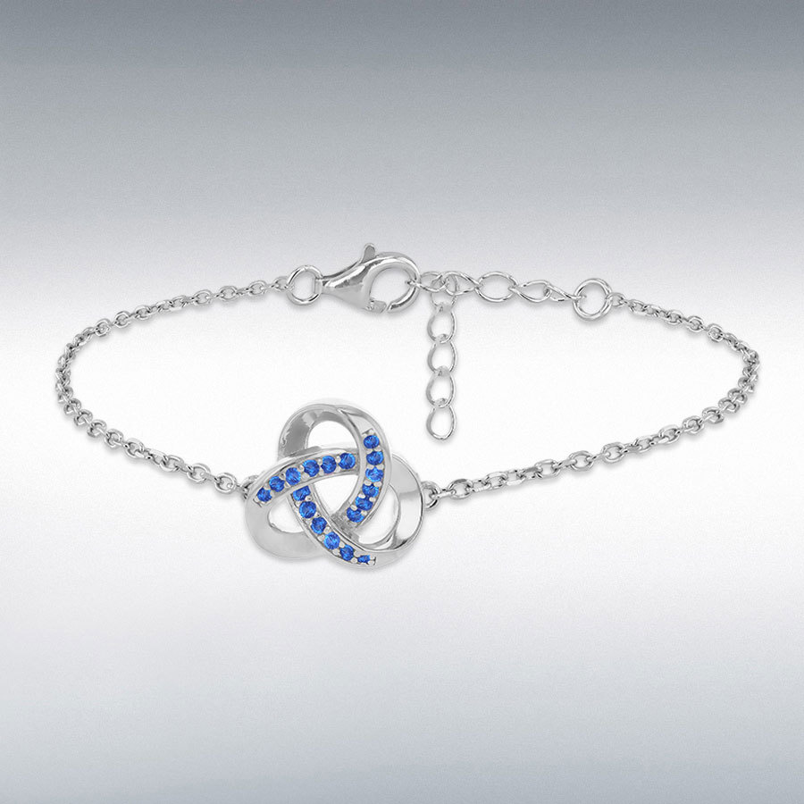 Sterling Silver Rhodium Plated Trinity Knot Blue CZ Bracelet