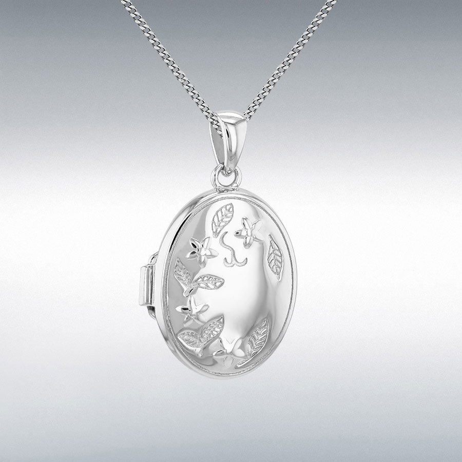 Sterling Silver Rhodium Plated 18mm x 29mm Etched Oval Locket Pendant