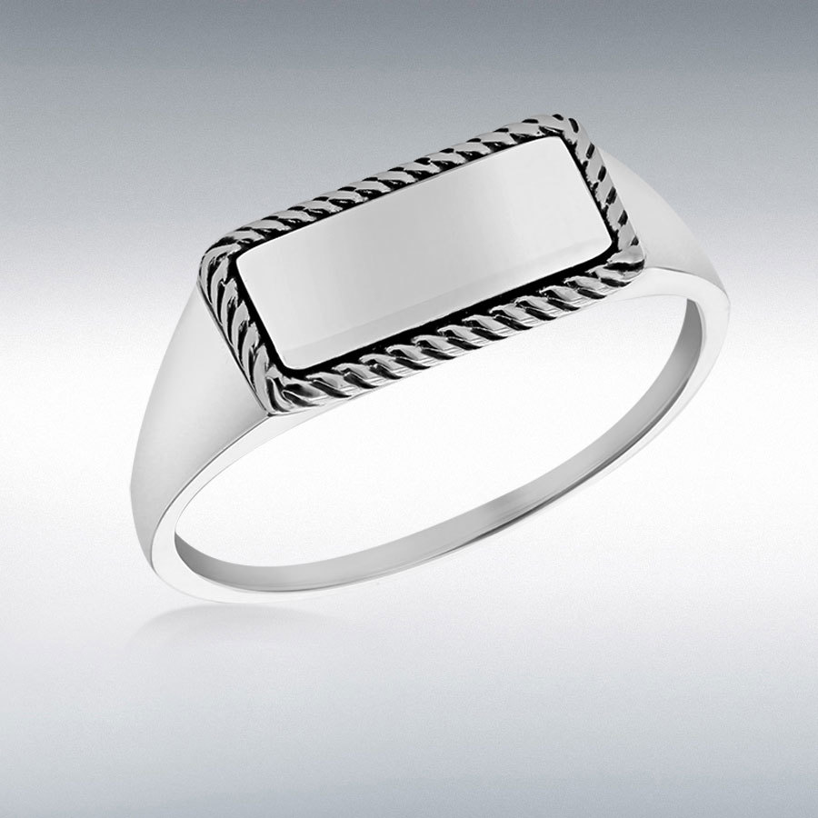 Sterling Silver Rhodium Plated 13.5mm x 7mm Twist-Edge Rectangular Signet Ring