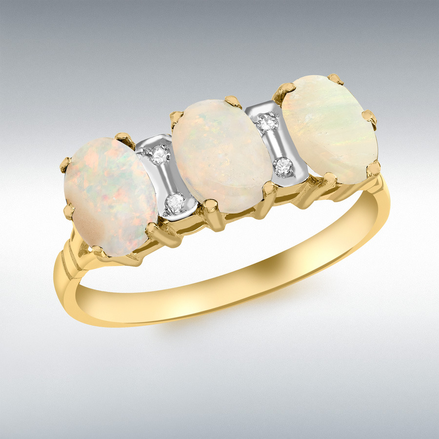 9ct Yellow Gold 0.02ct Diamond and Triple-Oval-Opal Ring