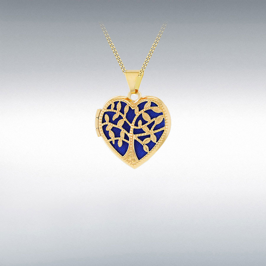 9CT YELLOW GOLD 19MM X 23.5MM TREE OF LIFE HEART BLUE LOCKET PENDANT