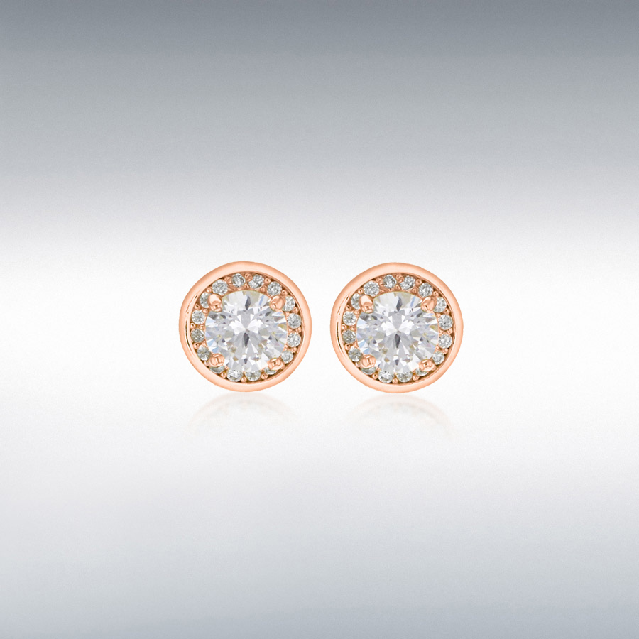 Sterling Silver Rose Gold Plated CZ 8mm Round Halo Stud Earrings