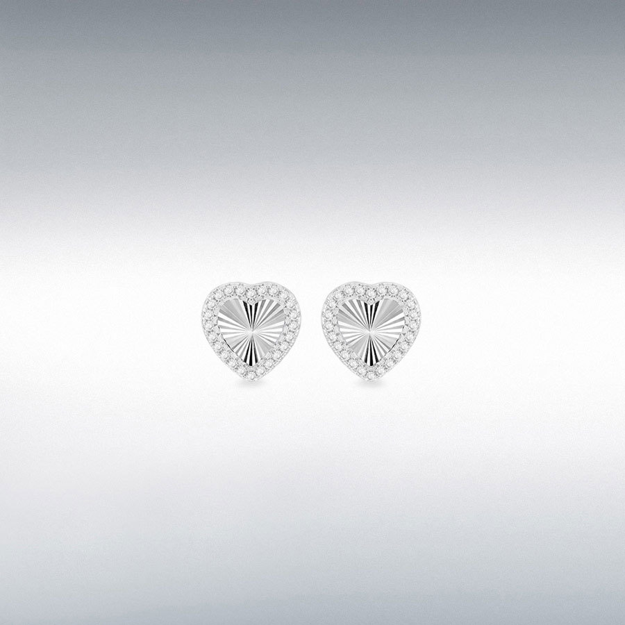 Sterling Silver Rhodium Plated 11mm Rainbow Heart and  1mm CZ  Stud Earrings