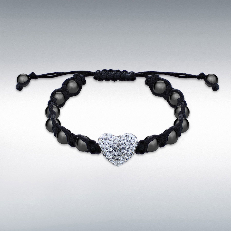 Hematite and White Crystal 15.5mm x 12mm Heart Black Beaded Cord Adjustable Bracelet 10cm/4"-23cm/9"