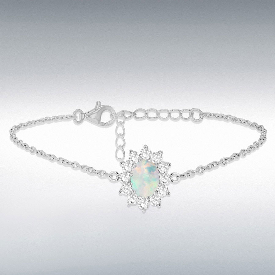 Sterling Silver Rhodium Plated Oval Synthetic Opal and White CZ 12mm x 14mm Flower Cluster Bracelet 16cm/6.25"-19cm/7.5"