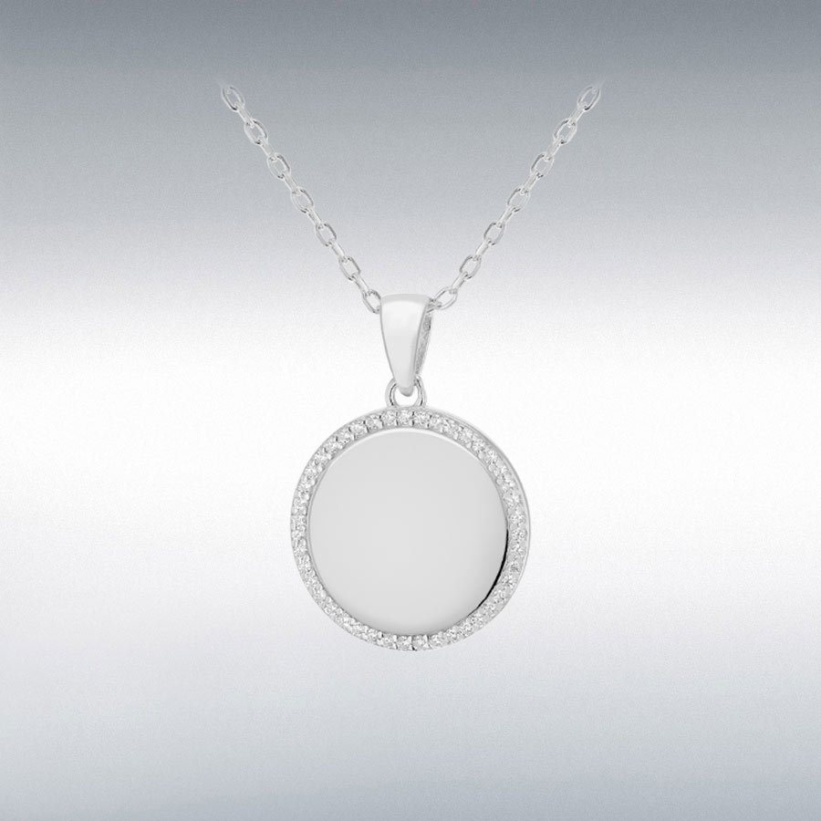 Sterling Silver Rhodium Plated CZ 17mm x 24.5mm Disc Adjustable Necklace 43cm/17"-46cm/18"