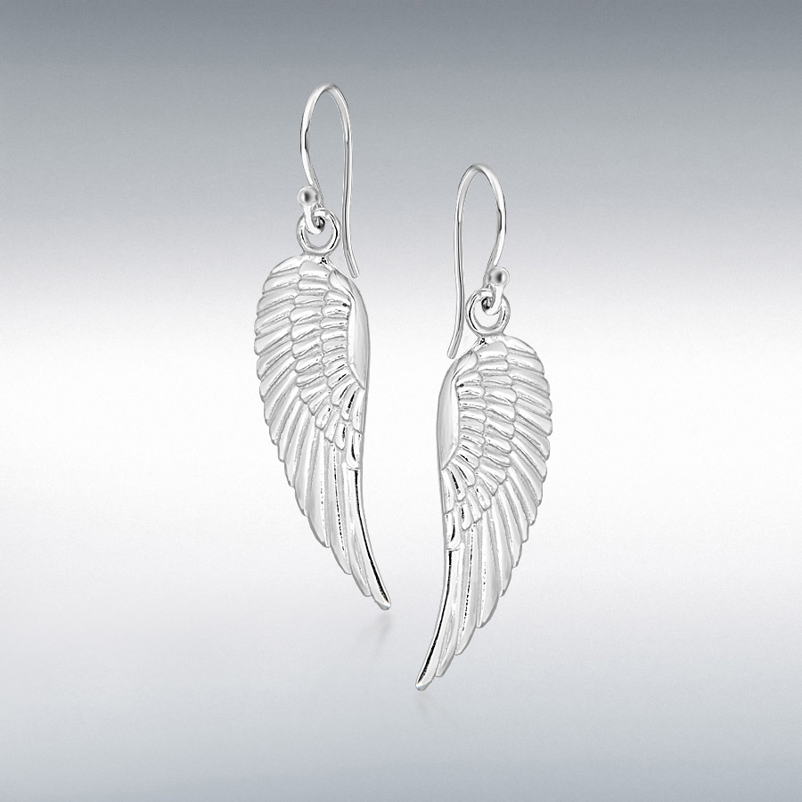 Sterling Silver 10mm x 46mm Angel Wings Drop Earrings