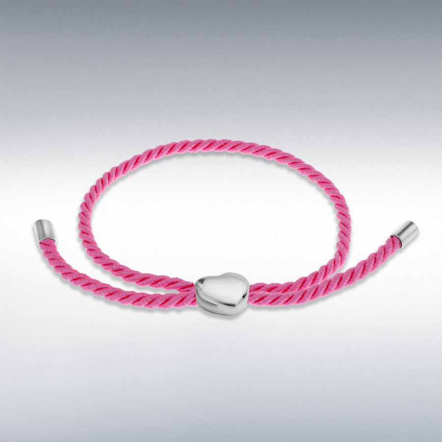 Sterling Silver Rhodium Plated Heart Pink Cord Adjustable Bracelet up to 25.5cm/10"