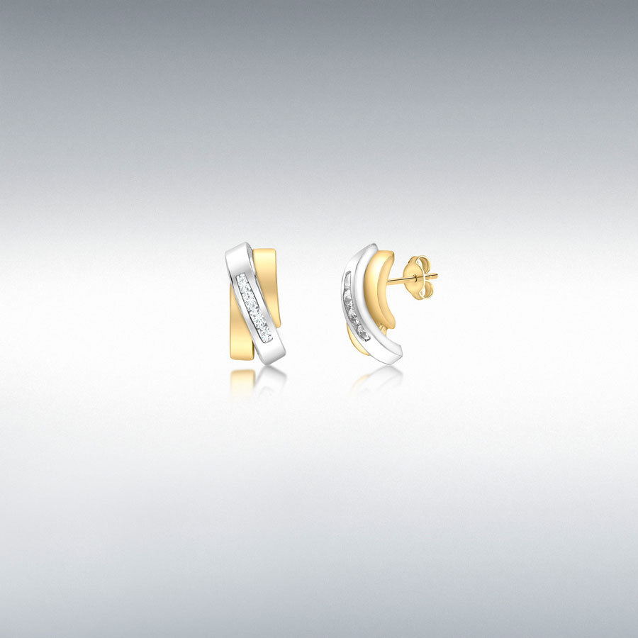 9ct 2-Tone Gold CZ 5mm x 9.5mm Overlap Triple-Bars Stud Earrings
