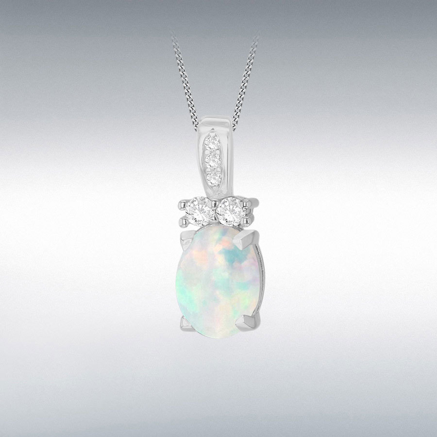 Sterling Silver Rhodium Plated Oval Synthetic Opal and White CZ 6mm x 16mm Tapered Shoulder Pendant