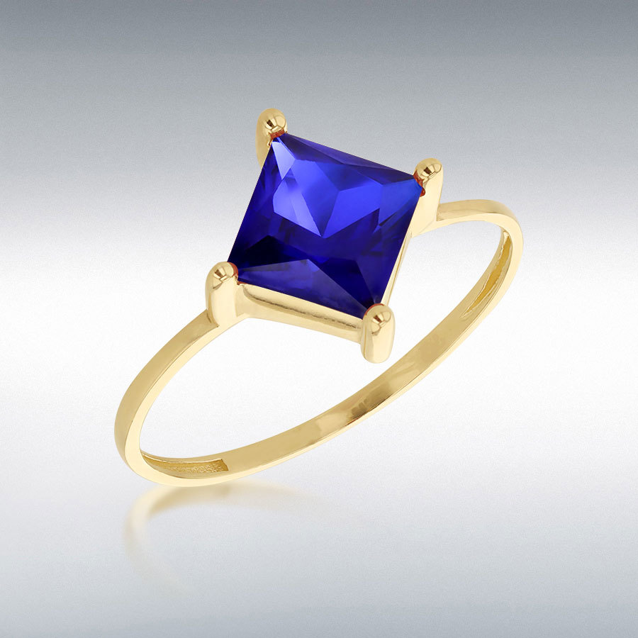 9ct Yellow Gold Blue 6mm x 6mm Princess Cut CZ Solitaire Ring
