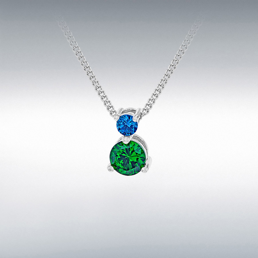 Sterling Silver Rhodium Plated Blue and Green CZ 5.5mm x 9mm Graduated Slider Adjustable Necklace 42cm/16.5"-45cm/17.75"