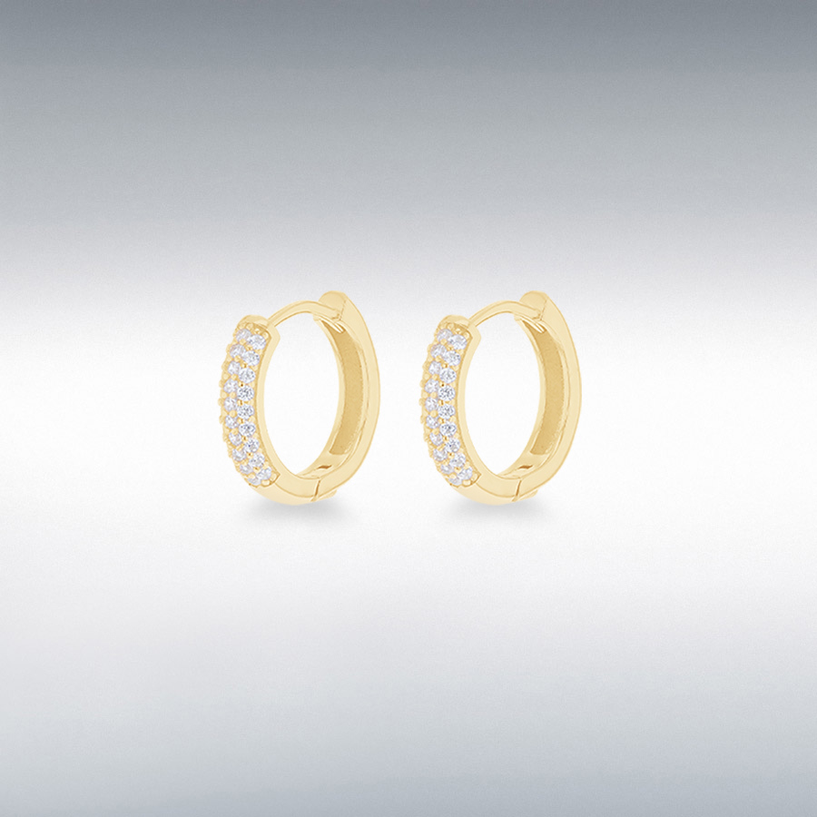 Sterling Silver Yellow Gold Plated CZ 3mm Band 14mm Hoop Creole Earrings
