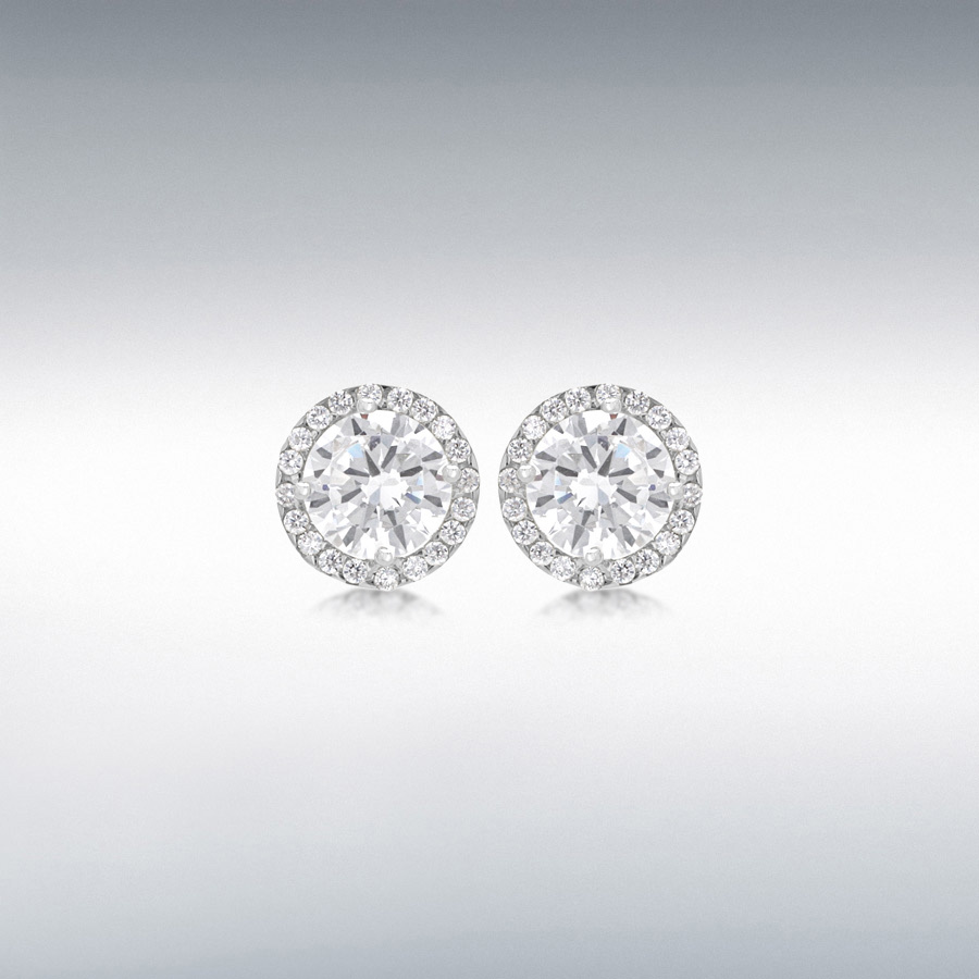 9ct White Gold 6mm Round CZ and Pave Set 9mm Stud Earrings