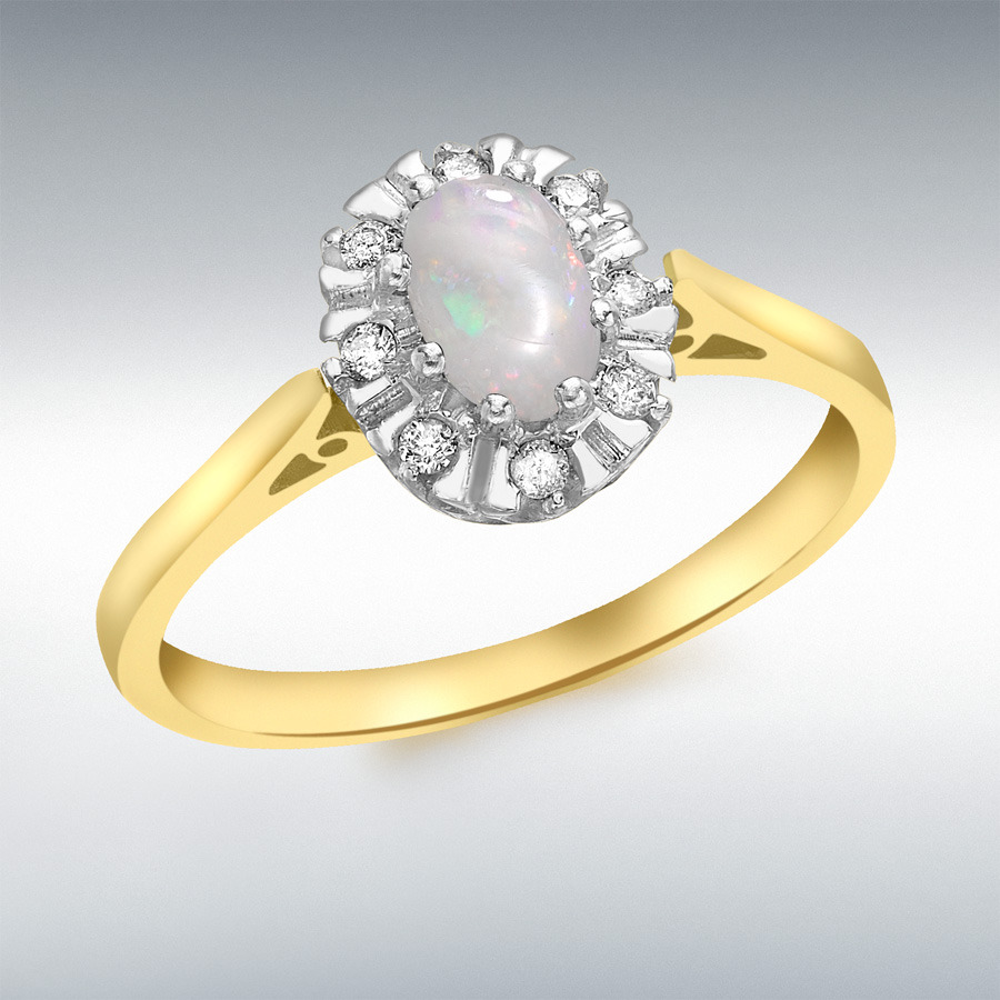 9ct Yellow Gold 0.08ct Diamond and Opal Cluster Shoulder-Detail Ring