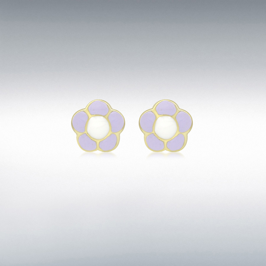 9ct Yellow Gold 5.5mm Purple-Enamel 'Flower' Stud Earrings