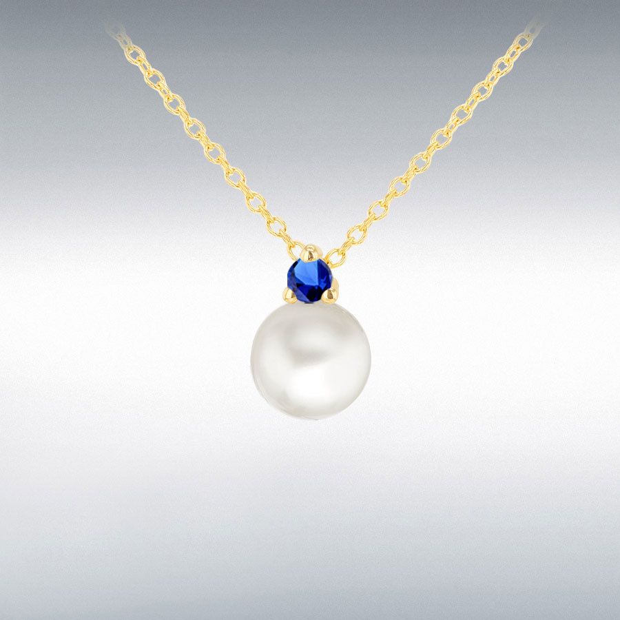 9ct Yellow Gold Round Pearl with Blue CZ Adjustable Necklace