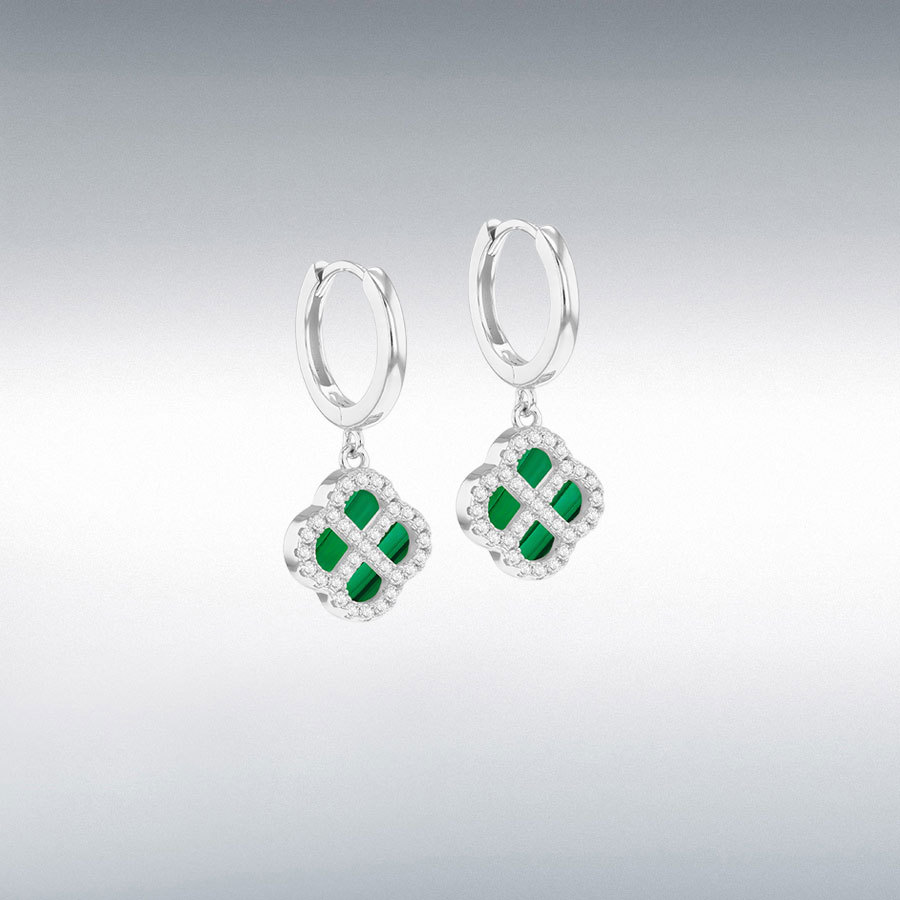 Sterling Silver Rhodium Plated 11mm Malachite Clover Hoop and 1.1mm CZ Hoop Earrings