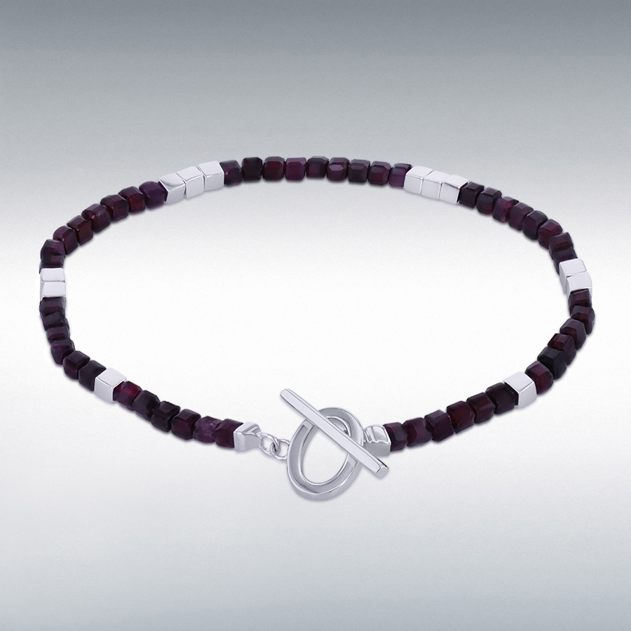 Sterling Silver Rhodium Plated 2.5mm Square Mozambique Garnet Bead T-Bar Bracelet 19cm/7.5"