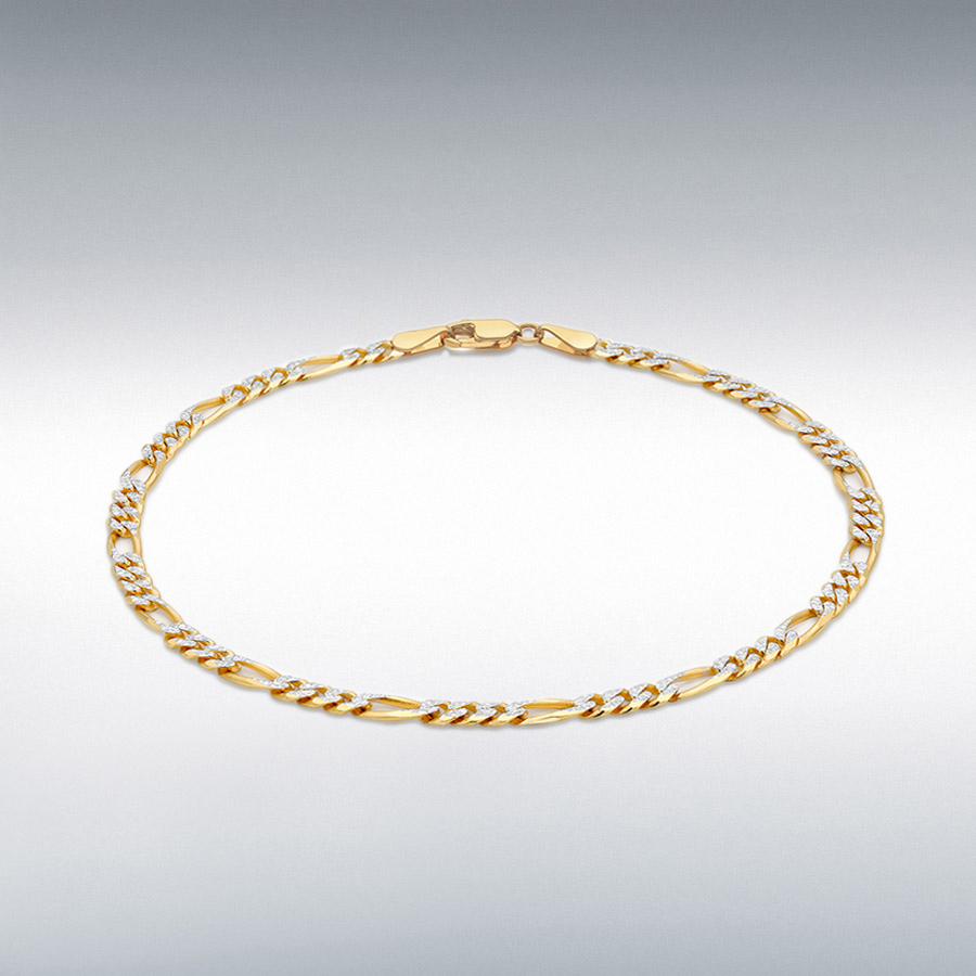 9ct 2-Tone Gold Diamond Cut Figaro Bracelet 19cm/7.5"