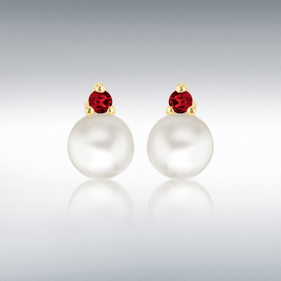 9ct Yellow Gold Fresh Water Pearls with Round Red CZ Stud Earrings