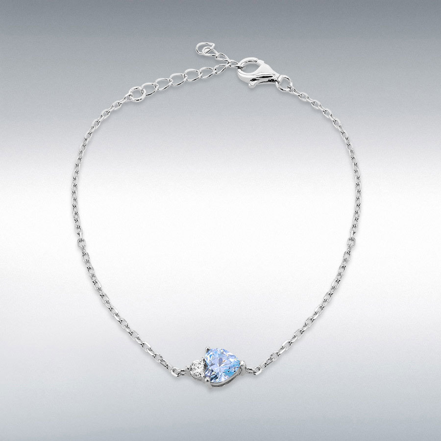 Sterling Silver Rhodium Plated 6mm Heart Shape Light Blue CZ with 3mm Round White CZ Bracelet