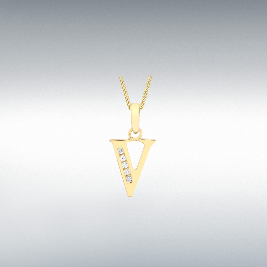 9ct Yellow Gold CZ 9mm x 13mm 'V' Initial Pendant