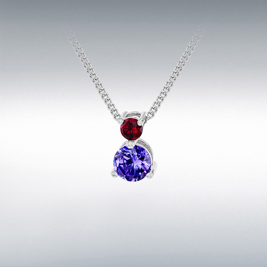 Sterling Silver Rhodium Plated Red and Purple CZ 5.5mm x 9mm Graduated Slider Adjustable Necklace 42cm/16.5"-45cm/17.75"