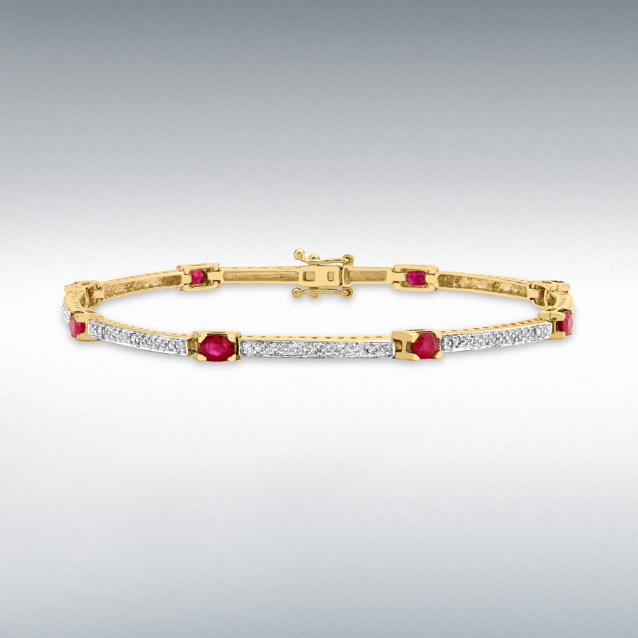 9ct Yellow Gold 0.12ct Diamond and Ruby Bar Link Bracelet 19cm/7.5"