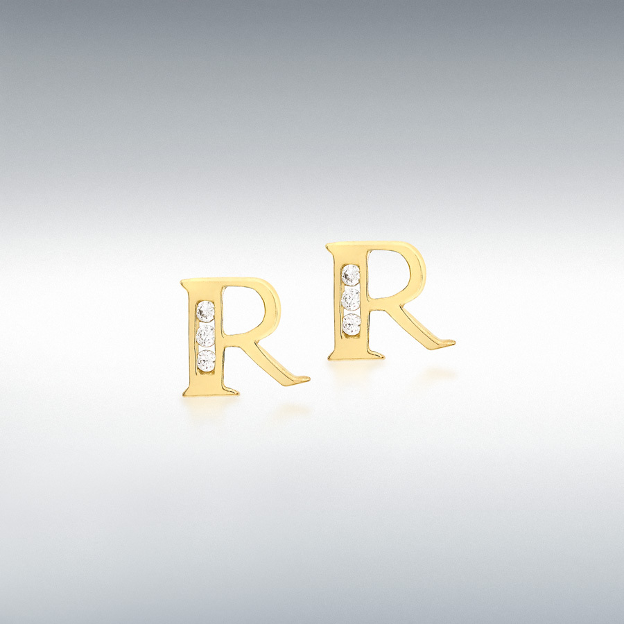 9ct Yellow Gold CZ 7mm x 7mm 'R' Initial Stud Earrings