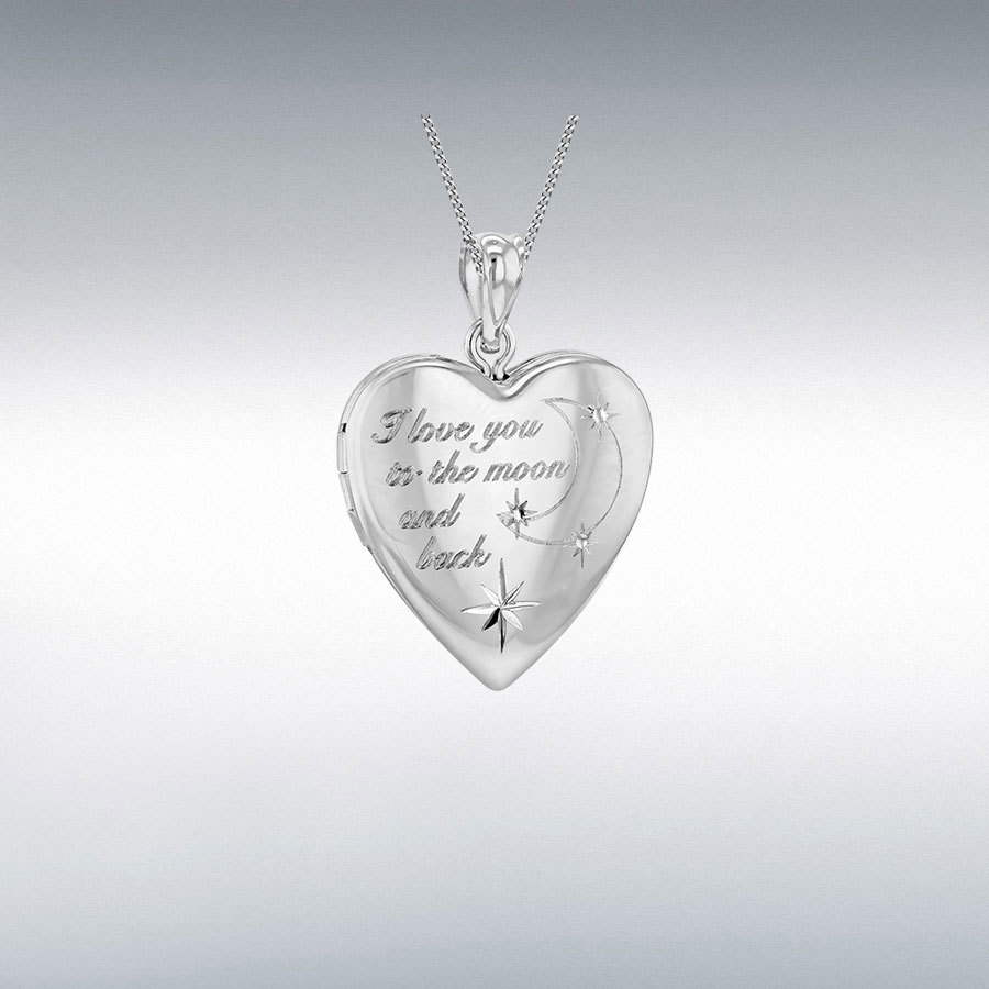 Sterling Silver Rhodium Plated  Heart Shape "Love You to the Moon and Back" Locket Pendant 