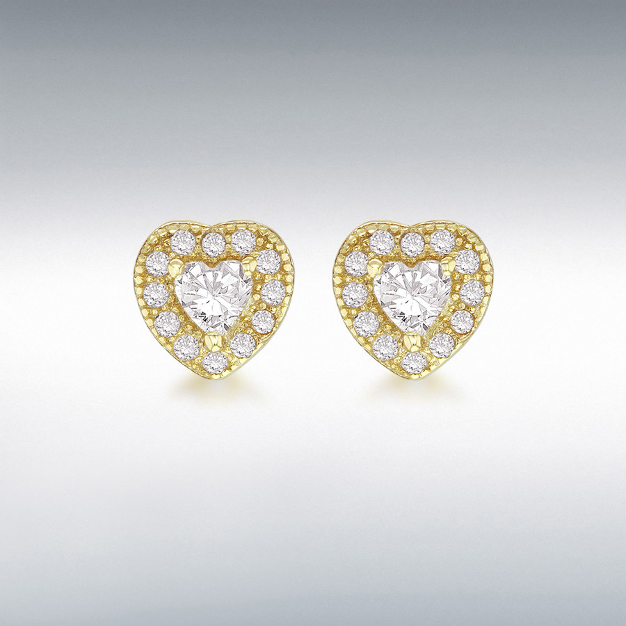 Sterling Silver Yellow Gold Plated CZ 6.3mm x 6.2mm Heart Stud Earrings