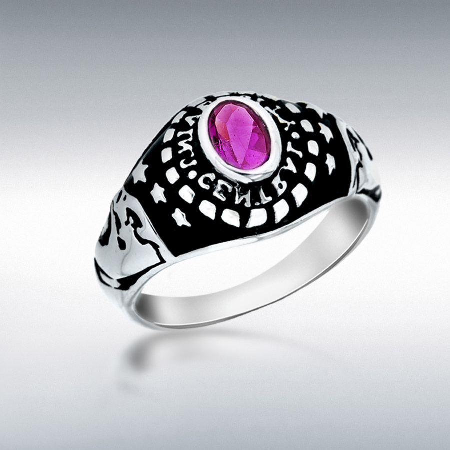 Sterling Silver Oxidised Ruby CZ 12mm Central University Ring