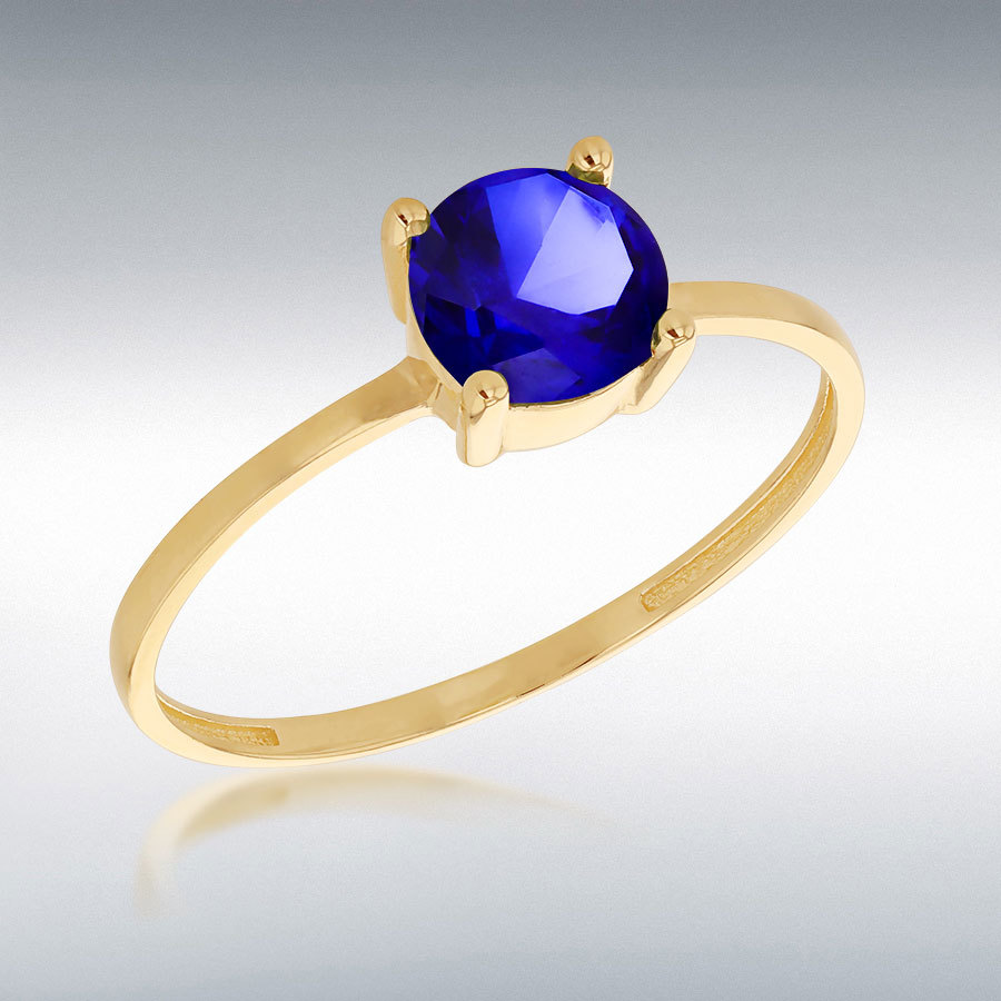 9ct Yellow Gold 6mm Blue Round Cut CZ Solitaire Ring