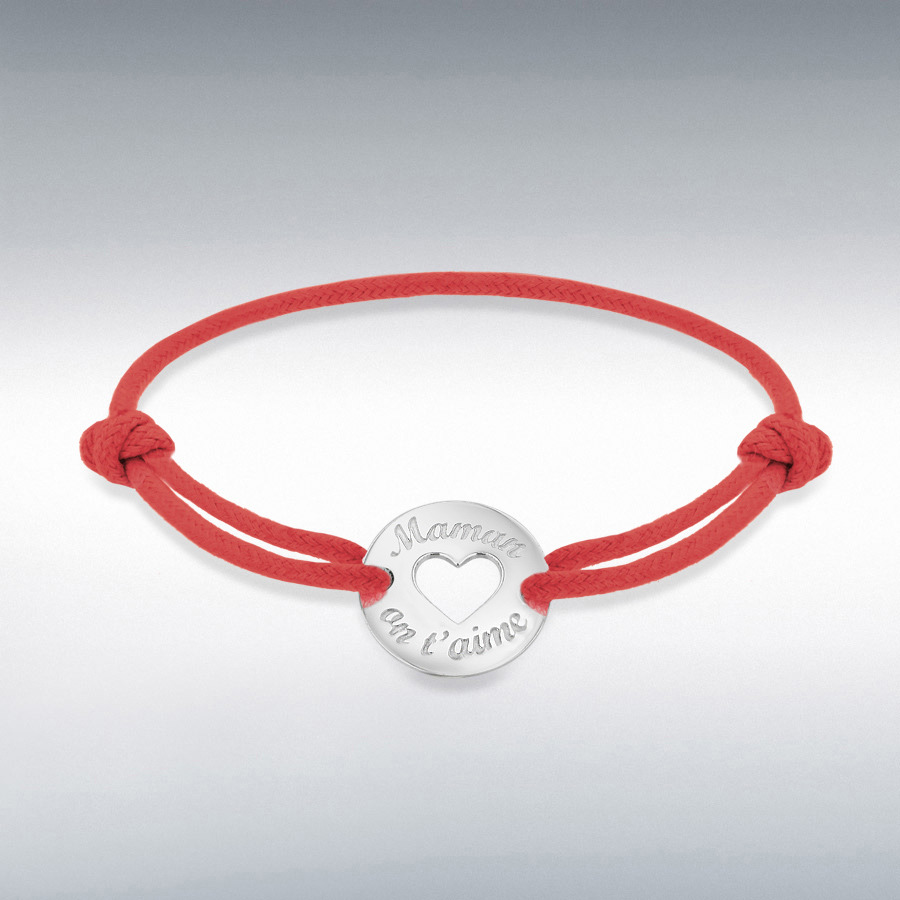 Sterling Silver Rhodium Plated Red Cord 16.4mm 'Maman on t'aime' Disc Adjustable Bracelet