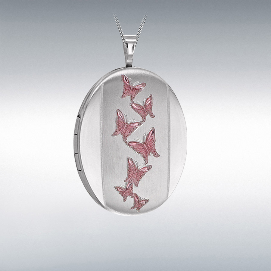 Sterling Silver 20mm x 32mm Pink Butterflies Oval Locket