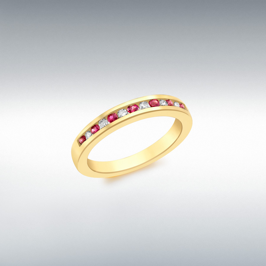 9ct Yellow Gold 0.10ct Diamond and Ruby Channel Set Half-Eternity Ring