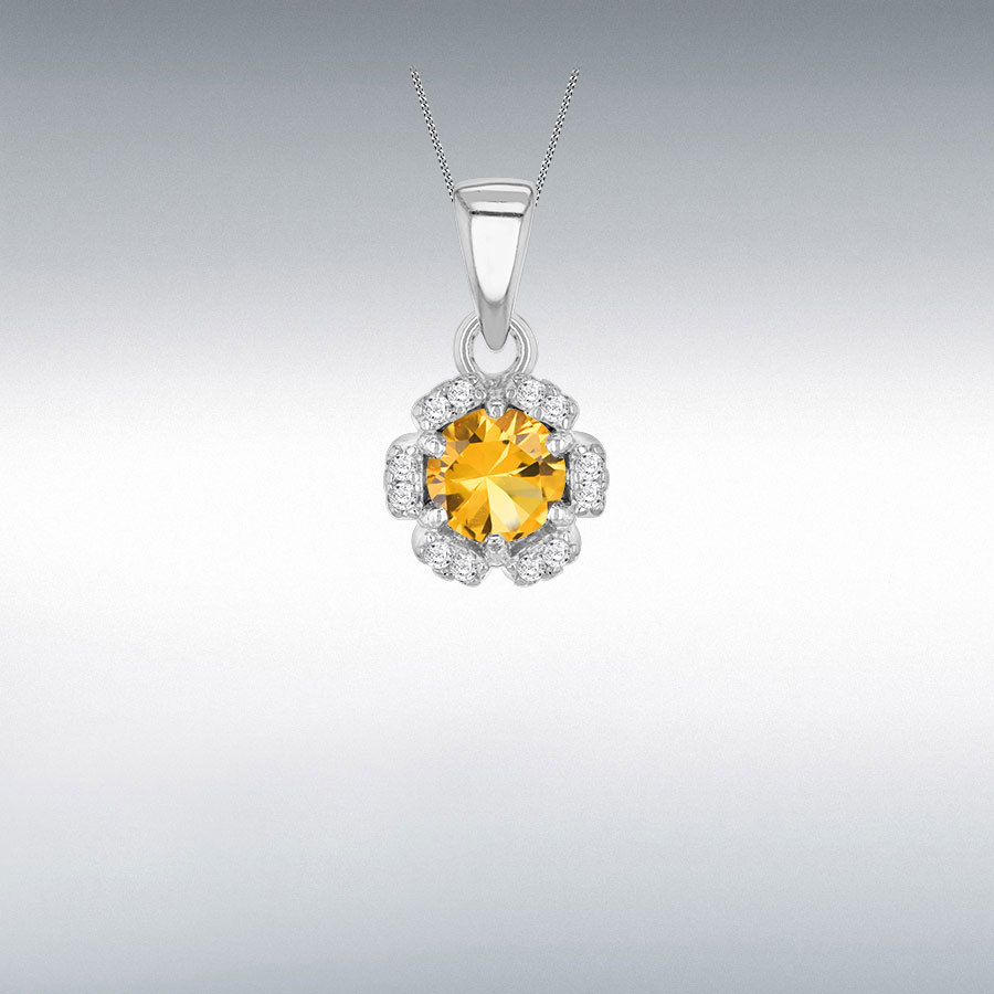 Sterling Silver Rhodium Plated 8mm Flower Petal Yellow CZ Pendant