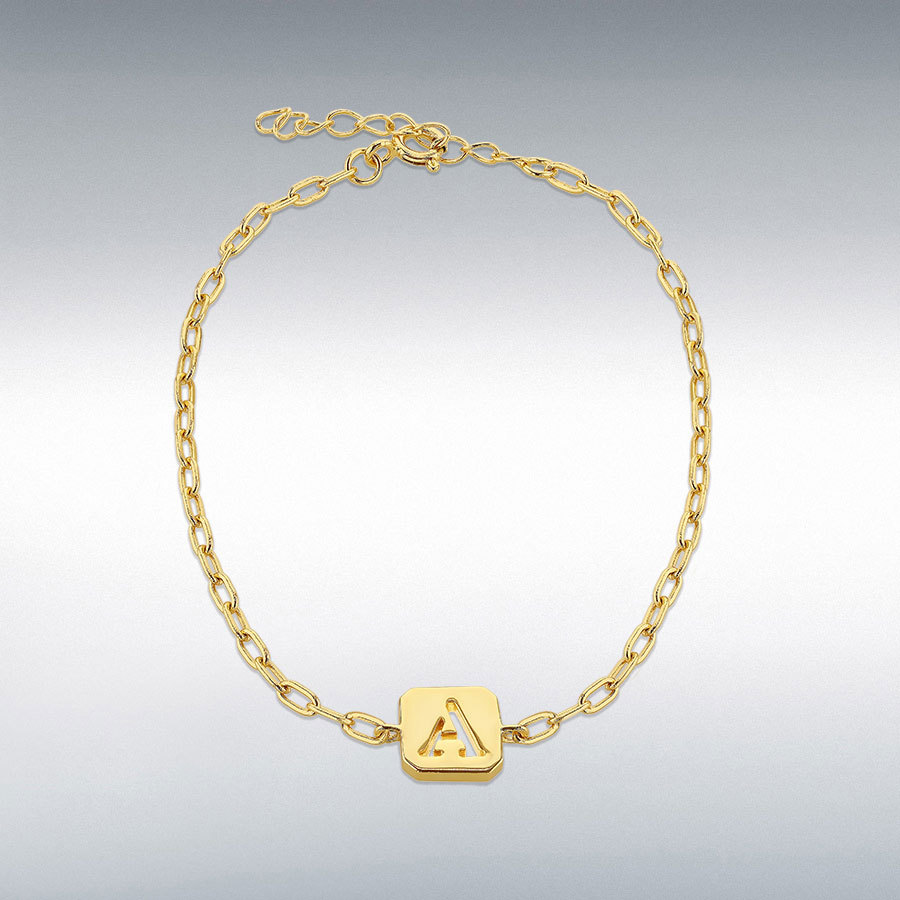 Sterling Silver Yellow Gold Plated 8mm x 9mm Initial 'A' Initial Bracelet 17cm/6.7"-20cm/8"