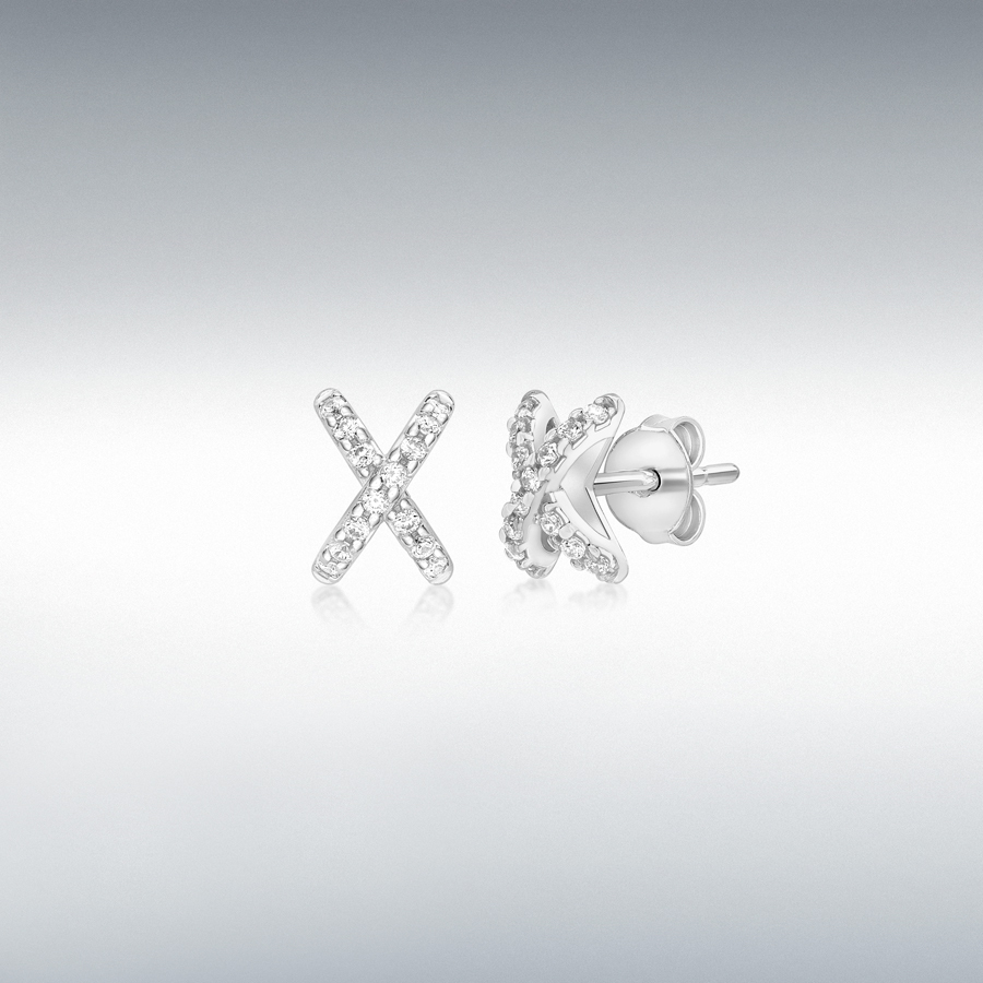 9ct White Gold 28 x 1mm CZ 6mm x 8mm 'Cross' Stud Earrings