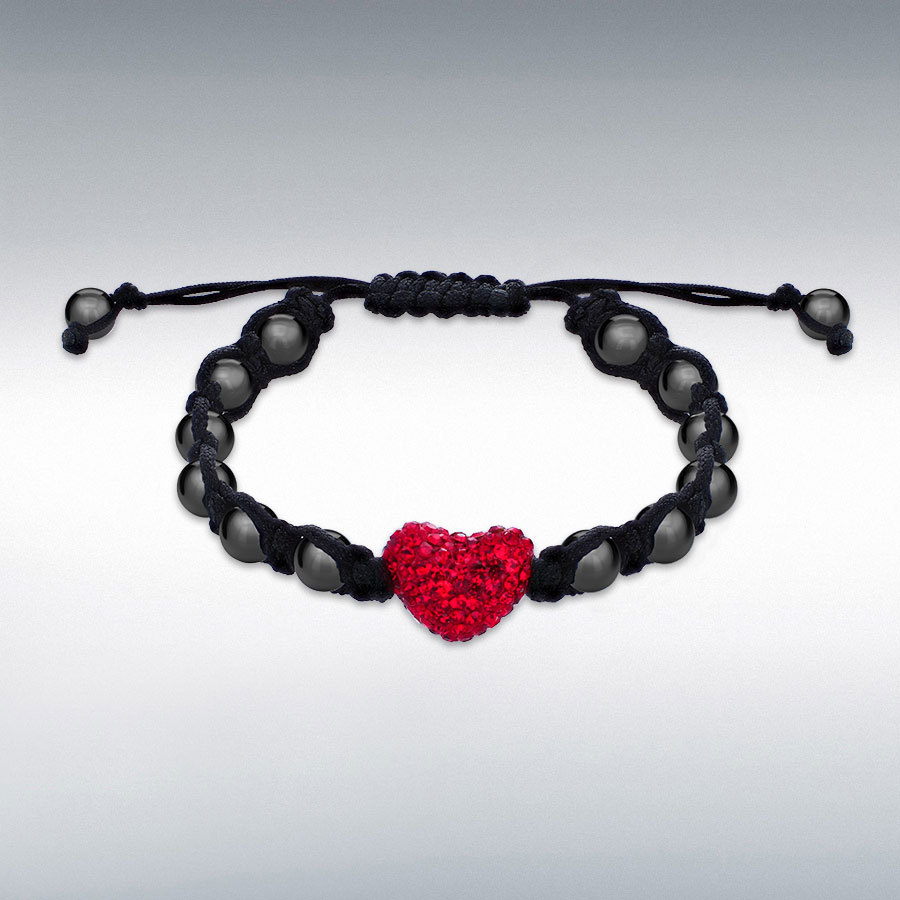 Hematite and Red Crystal 15.5mm x 12mm Heart Cord Adjustable Bracelet 10cm/4"-23cm/9"