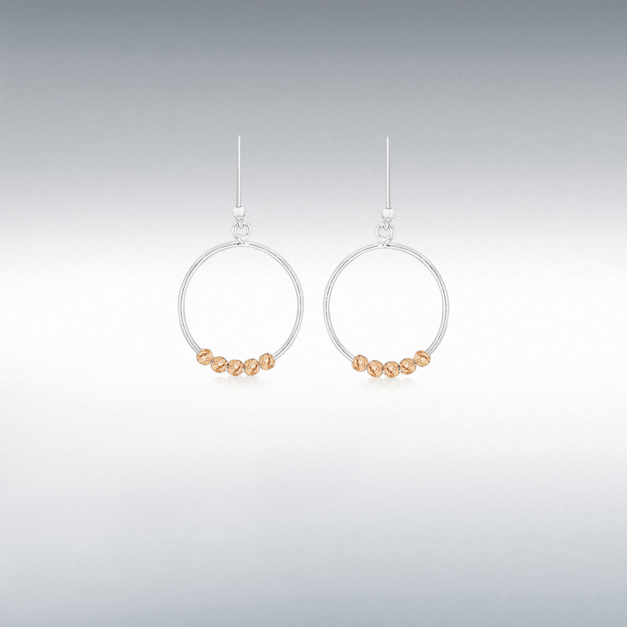 Sterling Silver 2-Tone 19.5mm x 33.5mm Circle Wire and Diamond Cut Balls Drop Earrings