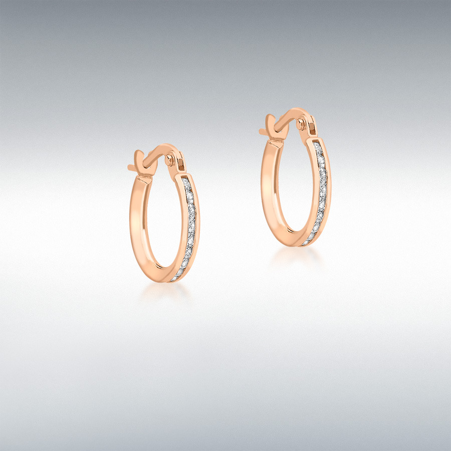 9ct Rose Gold 50 x 1mm CZ 2mm Band 13mm Hoop Creole Earrings
